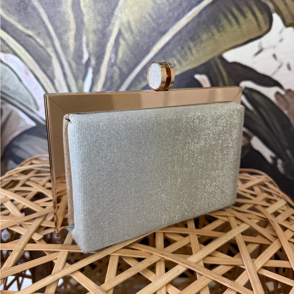 NWT Square clutch shimmer silver gold hardware party evening formal